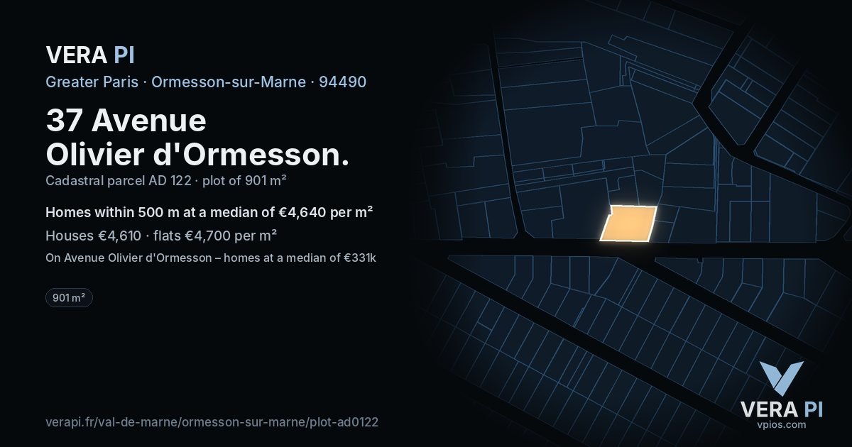 37 Avenue Olivier d'Ormesson, Ormesson-sur-Marne at night – the plot lit, the parcels around coloured by the prices near them