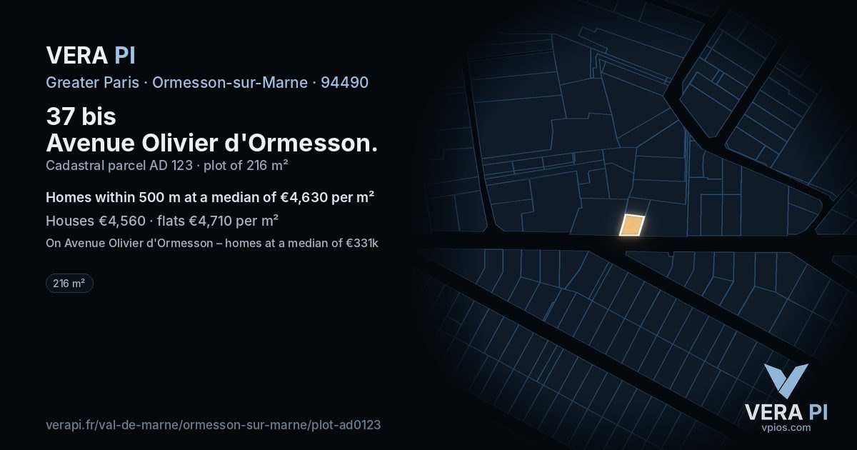 37 bis Avenue Olivier d'Ormesson, Ormesson-sur-Marne at night – the plot lit, the parcels around coloured by the prices near them