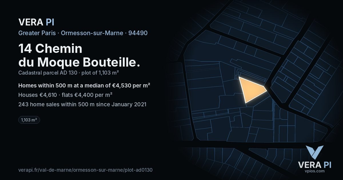 14 Chemin du Moque Bouteille, Ormesson-sur-Marne at night – the plot lit, the parcels around coloured by the prices near them