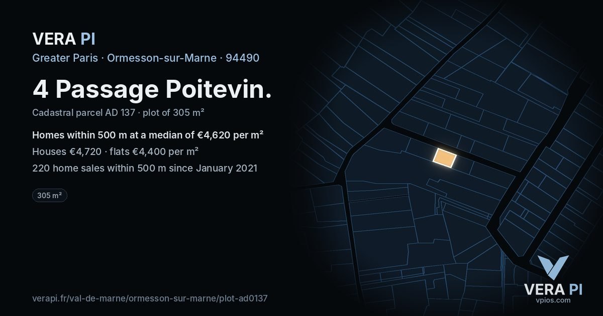 4 Passage Poitevin, Ormesson-sur-Marne at night – the plot lit, the parcels around coloured by the prices near them