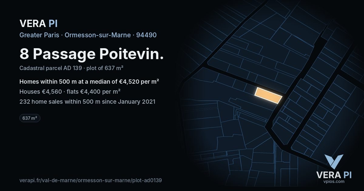 8 Passage Poitevin, Ormesson-sur-Marne at night – the plot lit, the parcels around coloured by the prices near them