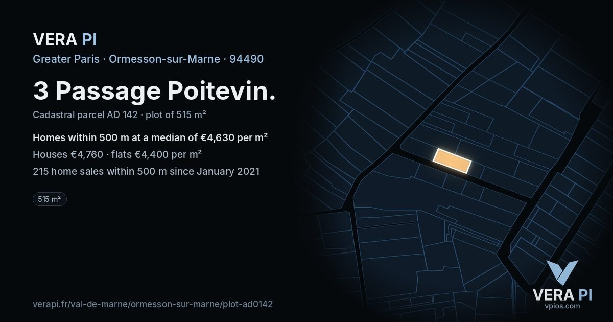 3 Passage Poitevin, Ormesson-sur-Marne at night – the plot lit, the parcels around coloured by the prices near them