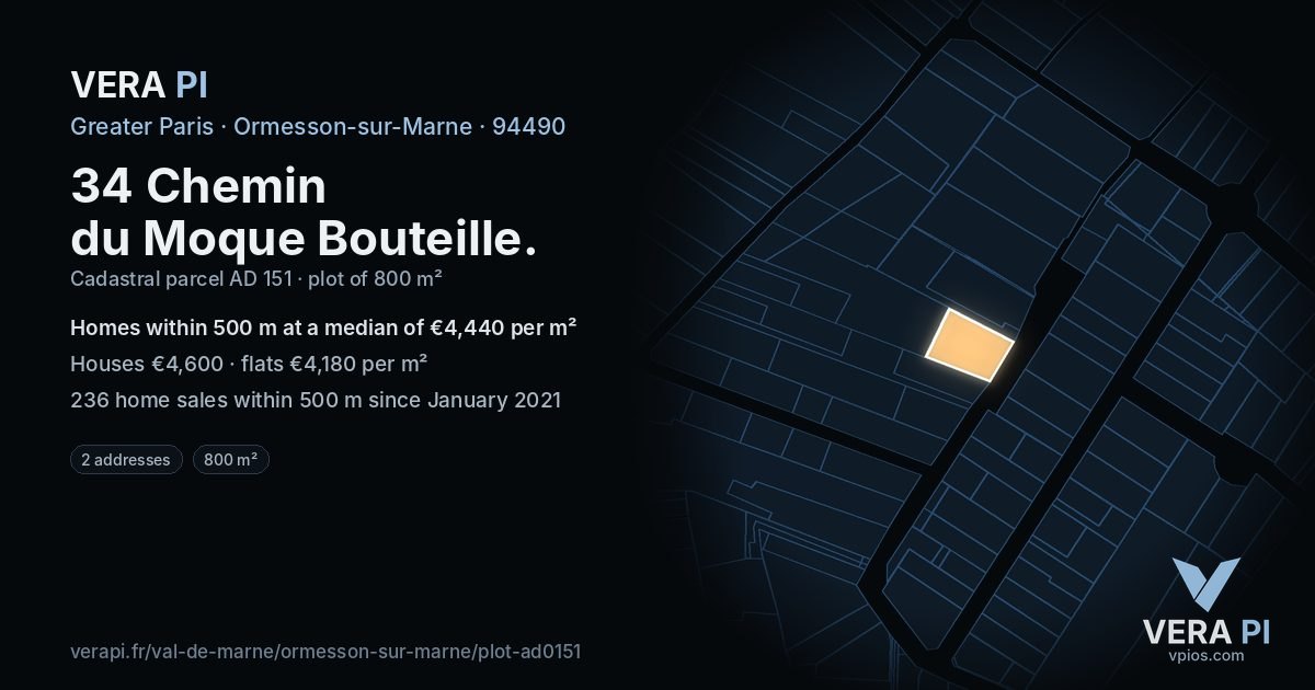 34 Chemin du Moque Bouteille, Ormesson-sur-Marne at night – the plot lit, the parcels around coloured by the prices near them
