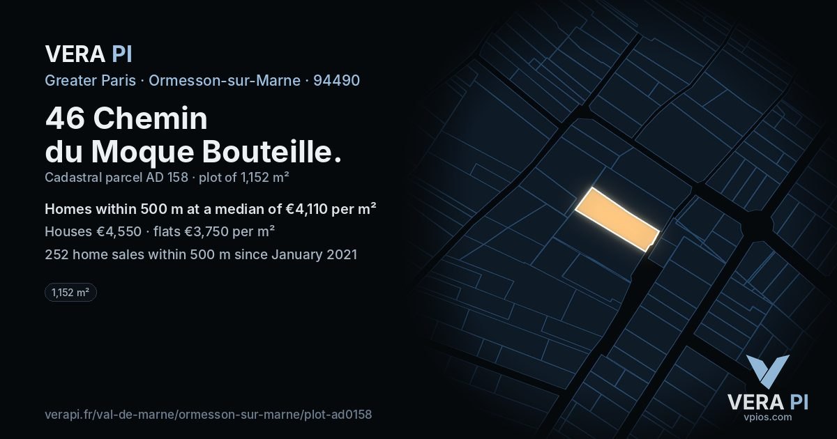 46 Chemin du Moque Bouteille, Ormesson-sur-Marne at night – the plot lit, the parcels around coloured by the prices near them