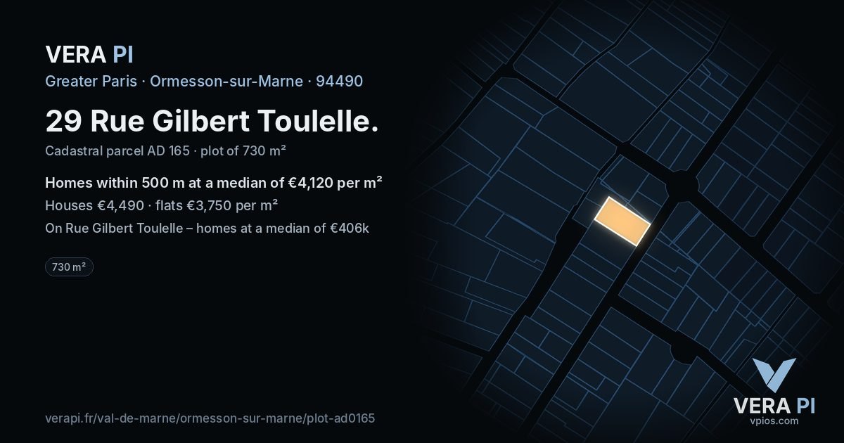 29 Rue Gilbert Toulelle, Ormesson-sur-Marne at night – the plot lit, the parcels around coloured by the prices near them