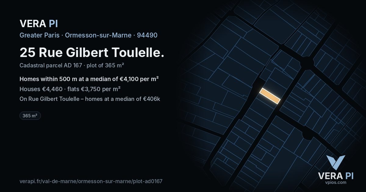25 Rue Gilbert Toulelle, Ormesson-sur-Marne at night – the plot lit, the parcels around coloured by the prices near them