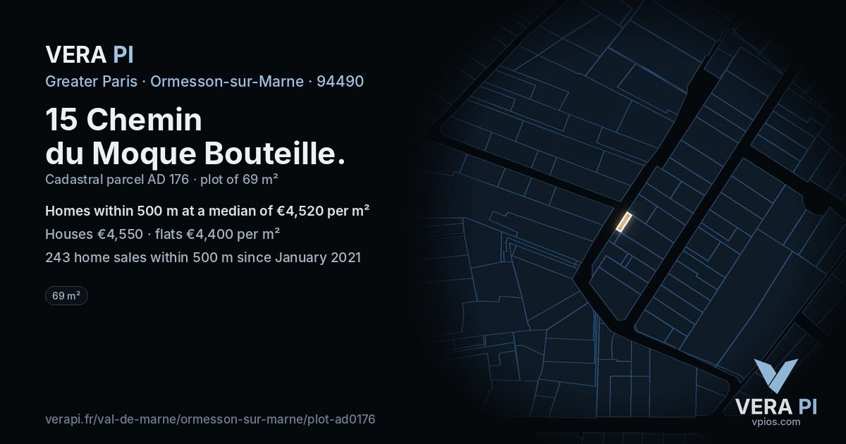 15 Chemin du Moque Bouteille, Ormesson-sur-Marne at night – the plot lit, the parcels around coloured by the prices near them