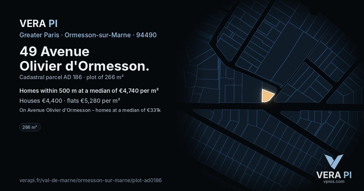 49 Avenue Olivier d'Ormesson, Ormesson-sur-Marne at night – the plot lit, the parcels around coloured by the prices near them