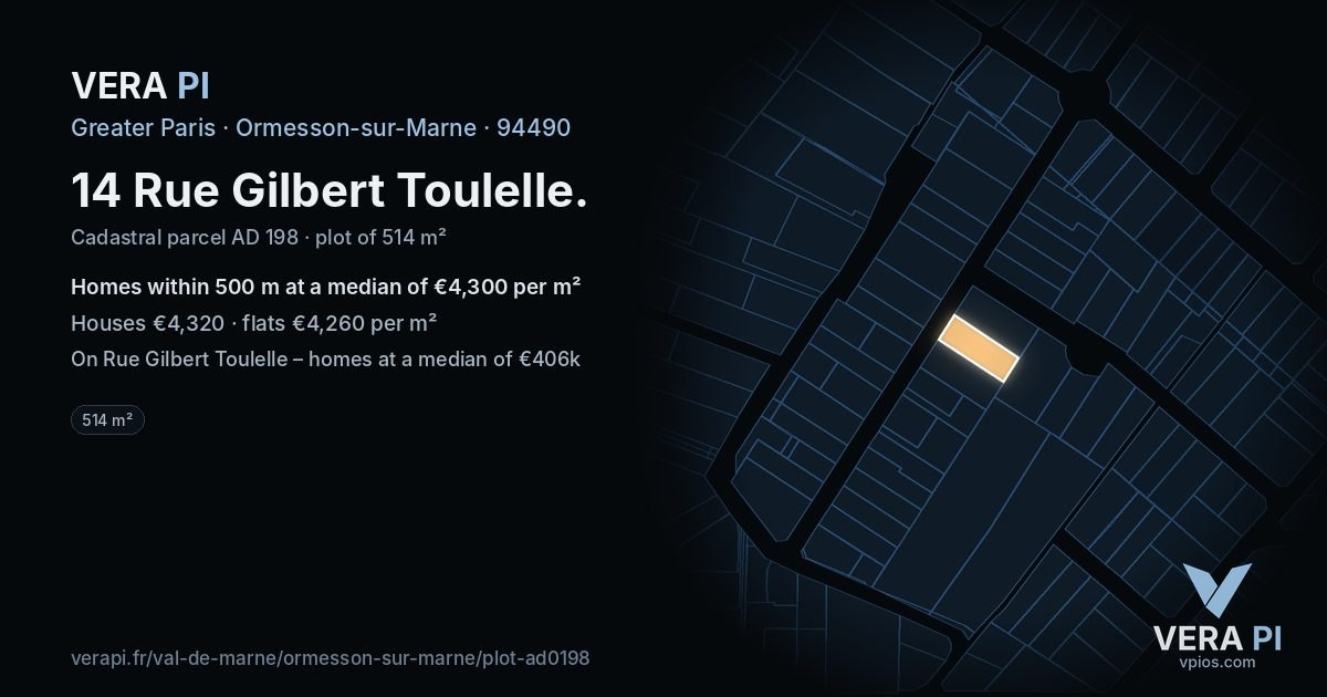 14 Rue Gilbert Toulelle, Ormesson-sur-Marne at night – the plot lit, the parcels around coloured by the prices near them