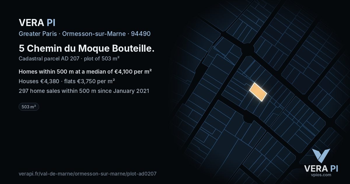 5 Chemin du Moque Bouteille, Ormesson-sur-Marne at night – the plot lit, the parcels around coloured by the prices near them