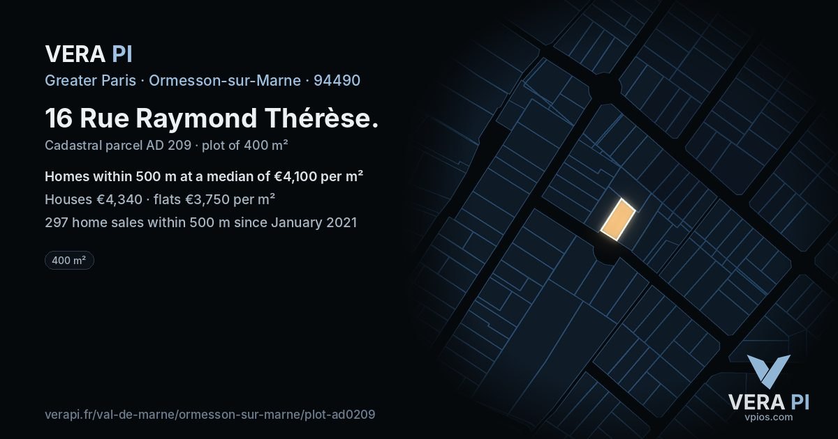 16 Rue Raymond Thérèse, Ormesson-sur-Marne at night – the plot lit, the parcels around coloured by the prices near them