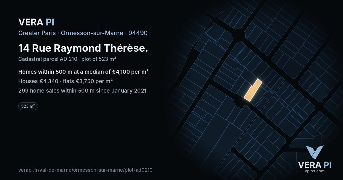 14 Rue Raymond Thérèse, Ormesson-sur-Marne at night – the plot lit, the parcels around coloured by the prices near them