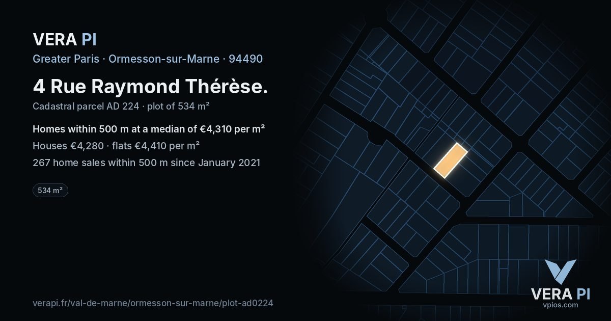4 Rue Raymond Thérèse, Ormesson-sur-Marne at night – the plot lit, the parcels around coloured by the prices near them