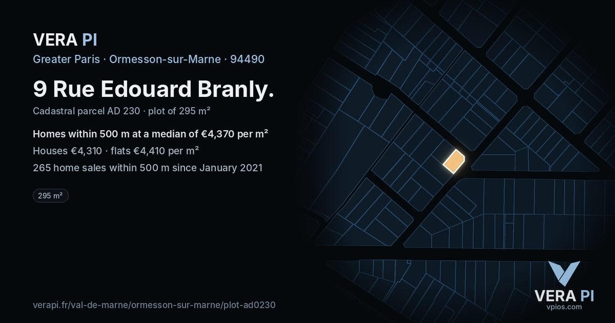 9 Rue Edouard Branly, Ormesson-sur-Marne at night – the plot lit, the parcels around coloured by the prices near them