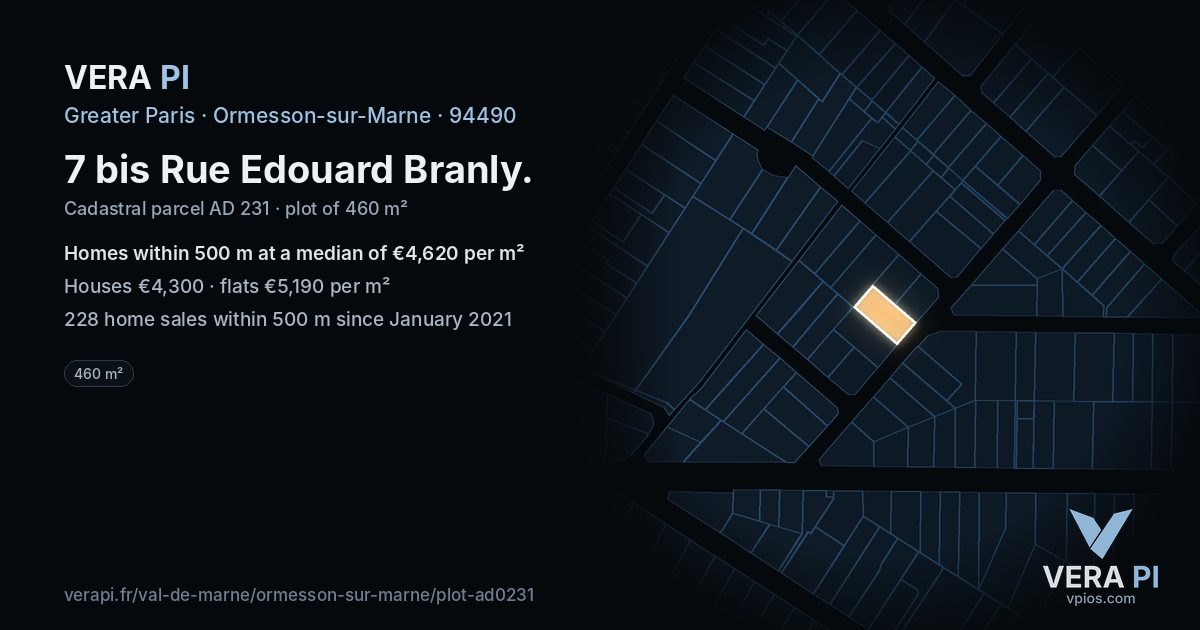 7 bis Rue Edouard Branly, Ormesson-sur-Marne at night – the plot lit, the parcels around coloured by the prices near them