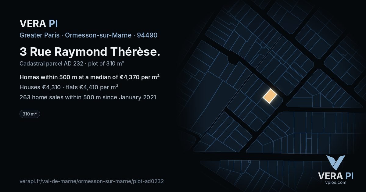 3 Rue Raymond Thérèse, Ormesson-sur-Marne at night – the plot lit, the parcels around coloured by the prices near them