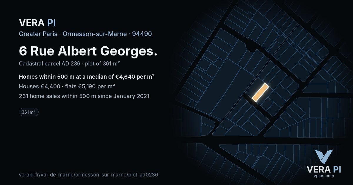6 Rue Albert Georges, Ormesson-sur-Marne at night – the plot lit, the parcels around coloured by the prices near them