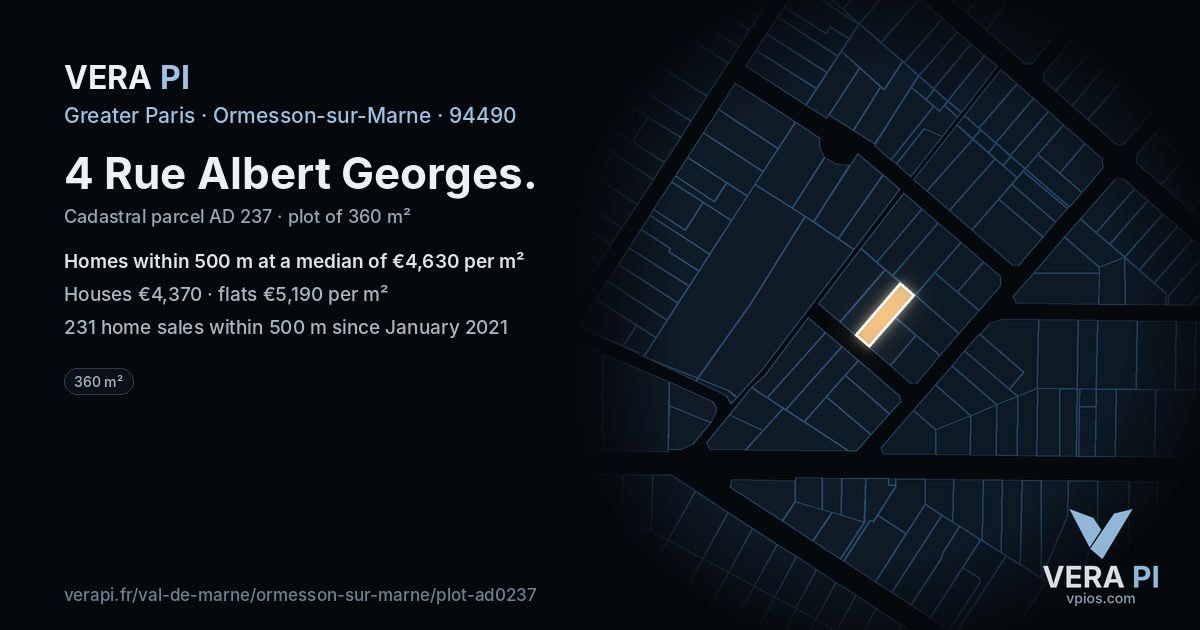 4 Rue Albert Georges, Ormesson-sur-Marne at night – the plot lit, the parcels around coloured by the prices near them
