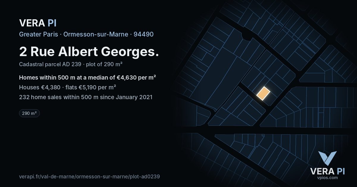 2 Rue Albert Georges, Ormesson-sur-Marne at night – the plot lit, the parcels around coloured by the prices near them