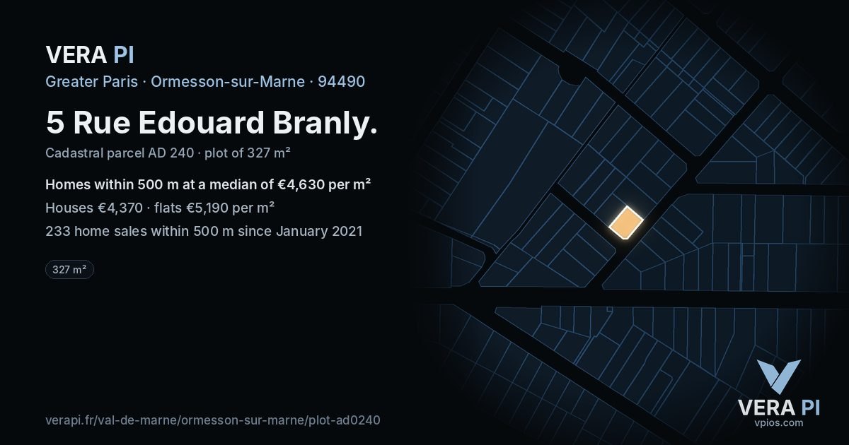 5 Rue Edouard Branly, Ormesson-sur-Marne at night – the plot lit, the parcels around coloured by the prices near them