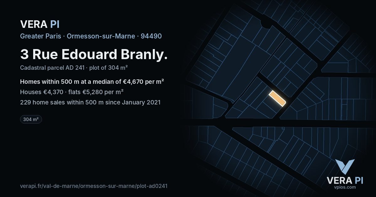 3 Rue Edouard Branly, Ormesson-sur-Marne at night – the plot lit, the parcels around coloured by the prices near them