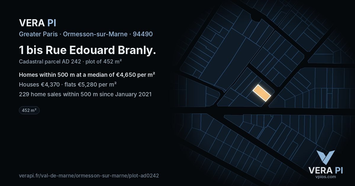 1 bis Rue Edouard Branly, Ormesson-sur-Marne at night – the plot lit, the parcels around coloured by the prices near them