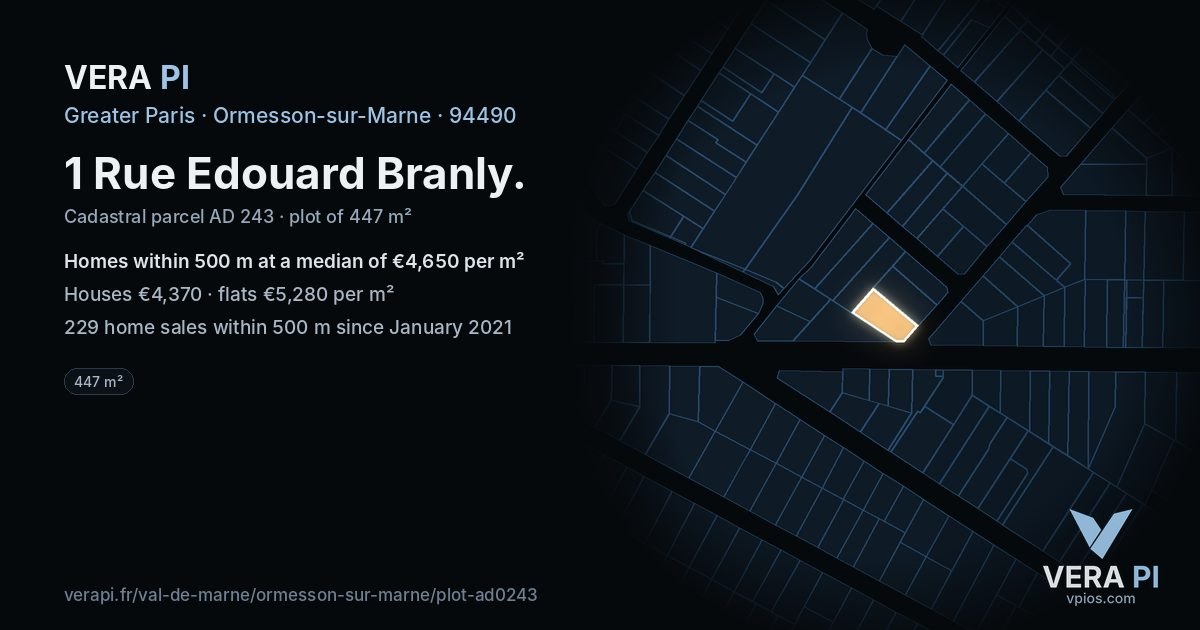 1 Rue Edouard Branly, Ormesson-sur-Marne at night – the plot lit, the parcels around coloured by the prices near them