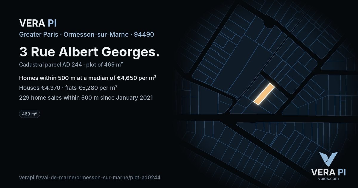 3 Rue Albert Georges, Ormesson-sur-Marne at night – the plot lit, the parcels around coloured by the prices near them