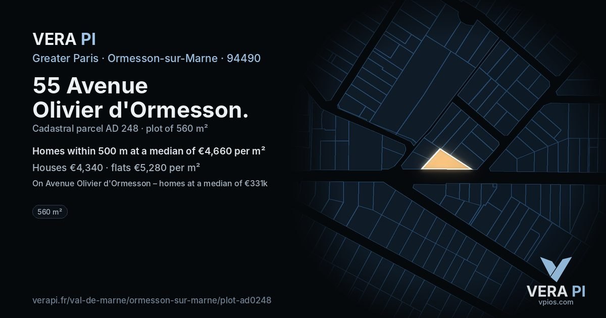 55 Avenue Olivier d'Ormesson, Ormesson-sur-Marne at night – the plot lit, the parcels around coloured by the prices near them