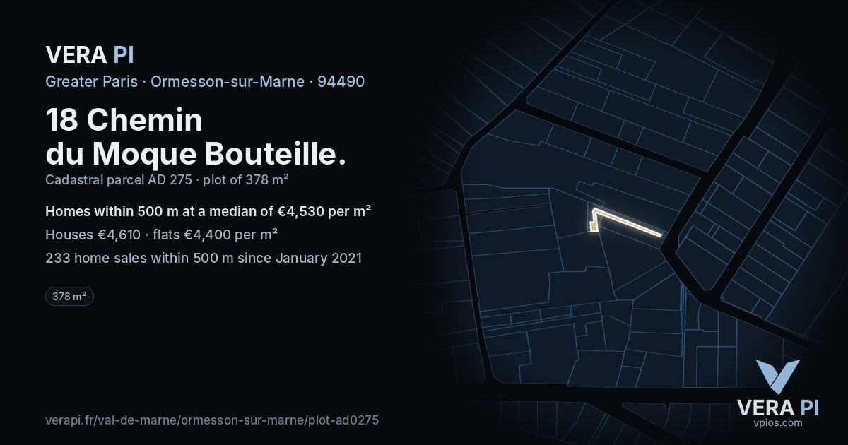 18 Chemin du Moque Bouteille, Ormesson-sur-Marne at night – the plot lit, the parcels around coloured by the prices near them