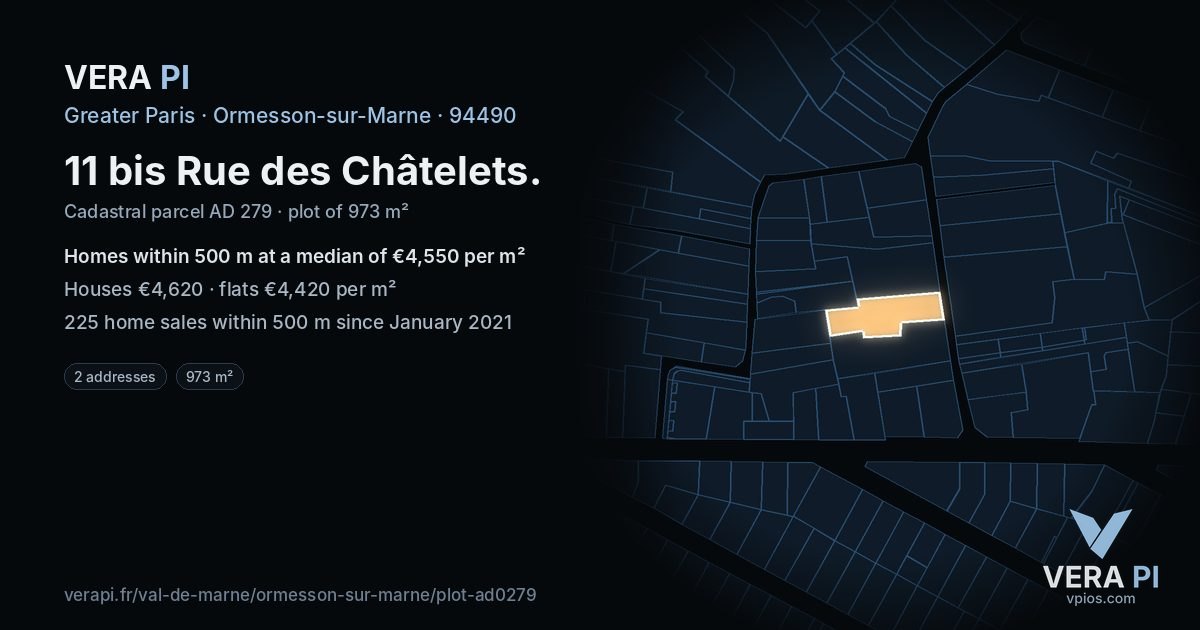 11 bis Rue des Châtelets, Ormesson-sur-Marne at night – the plot lit, the parcels around coloured by the prices near them