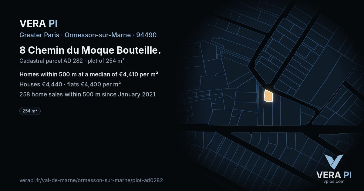 8 Chemin du Moque Bouteille, Ormesson-sur-Marne at night – the plot lit, the parcels around coloured by the prices near them