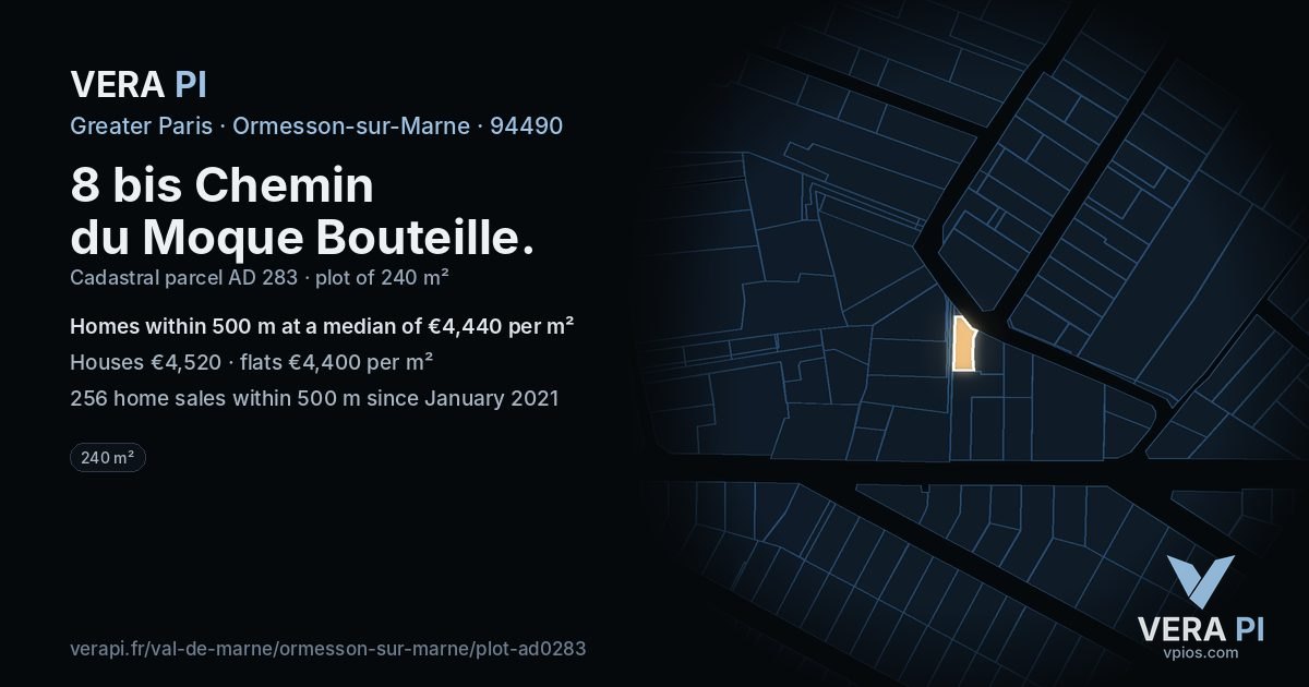 8 bis Chemin du Moque Bouteille, Ormesson-sur-Marne at night – the plot lit, the parcels around coloured by the prices near them