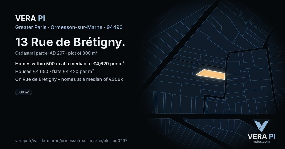 13 Rue de Brétigny, Ormesson-sur-Marne at night – the plot lit, the parcels around coloured by the prices near them