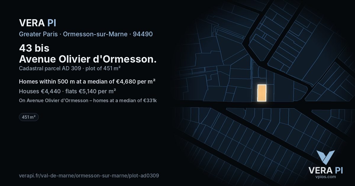 43 bis Avenue Olivier d'Ormesson, Ormesson-sur-Marne at night – the plot lit, the parcels around coloured by the prices near them