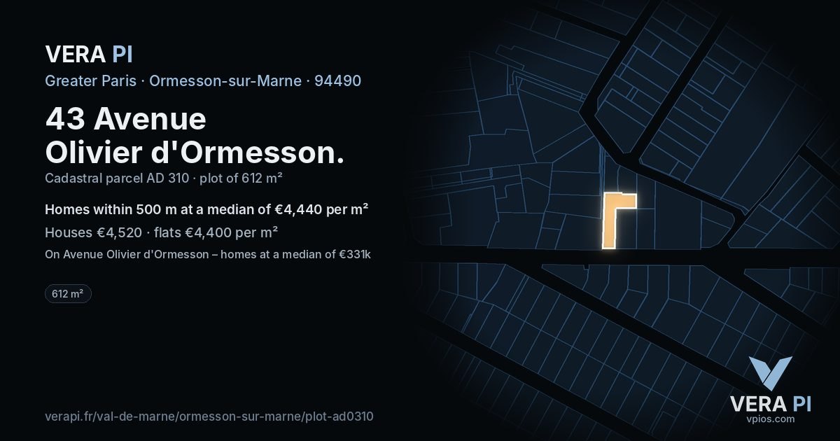 43 Avenue Olivier d'Ormesson, Ormesson-sur-Marne at night – the plot lit, the parcels around coloured by the prices near them