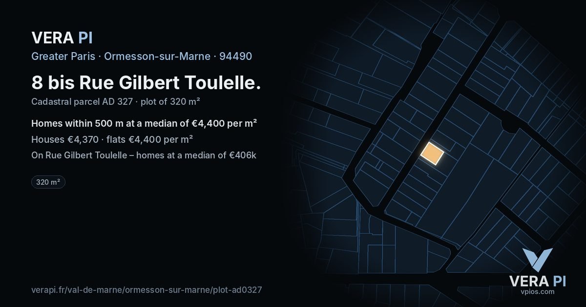 8 bis Rue Gilbert Toulelle, Ormesson-sur-Marne at night – the plot lit, the parcels around coloured by the prices near them