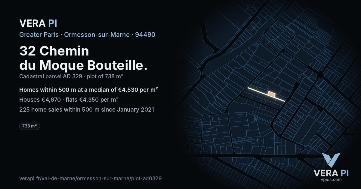 32 Chemin du Moque Bouteille, Ormesson-sur-Marne at night – the plot lit, the parcels around coloured by the prices near them