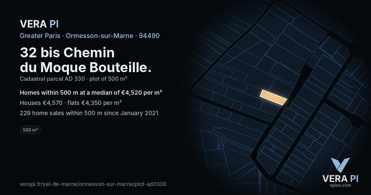 32 bis Chemin du Moque Bouteille, Ormesson-sur-Marne at night – the plot lit, the parcels around coloured by the prices near them