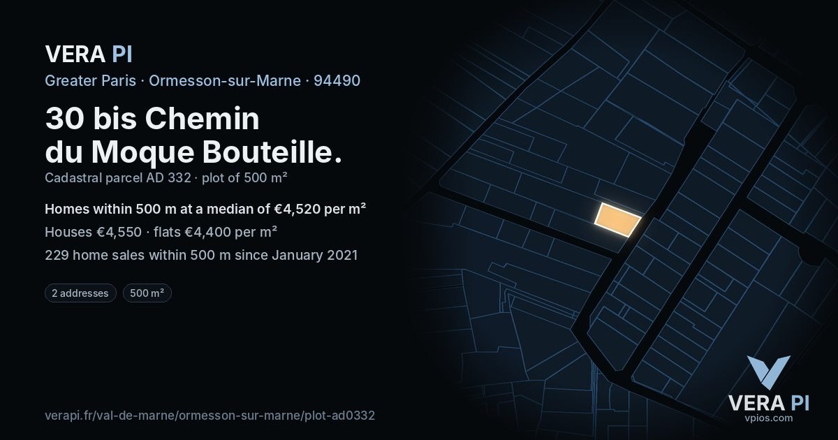 30 bis Chemin du Moque Bouteille, Ormesson-sur-Marne at night – the plot lit, the parcels around coloured by the prices near them