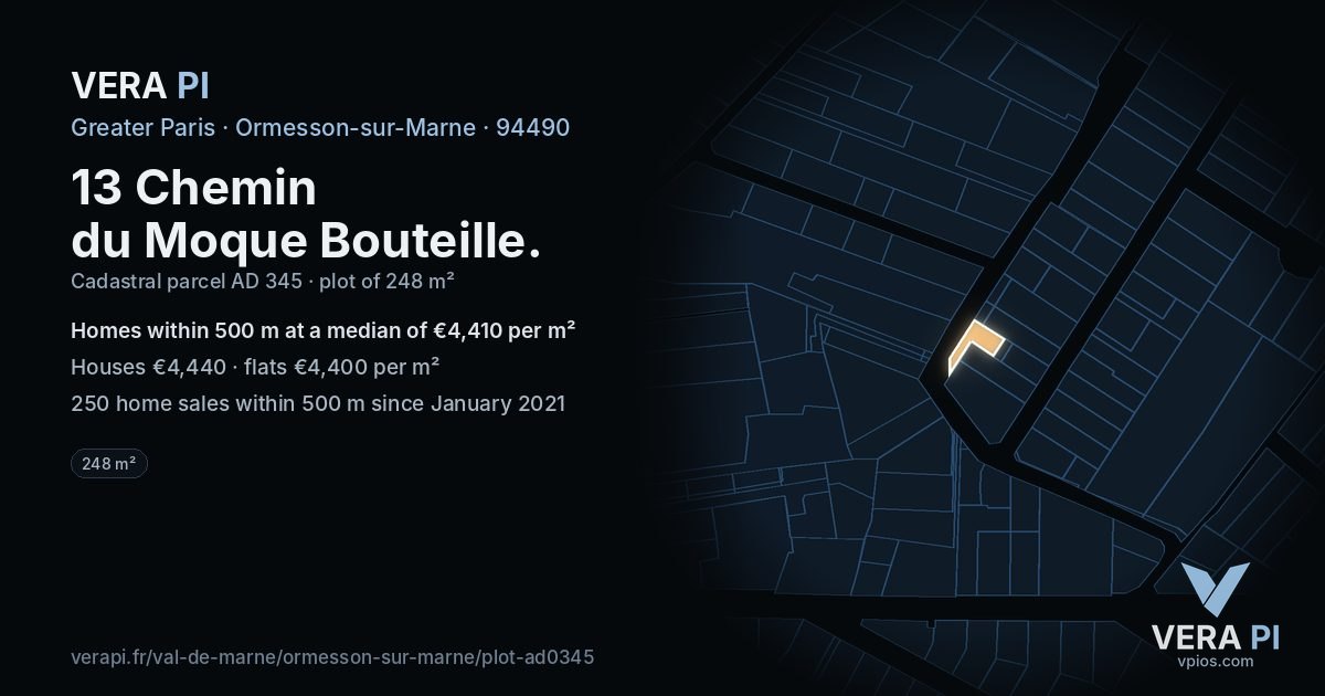 13 Chemin du Moque Bouteille, Ormesson-sur-Marne at night – the plot lit, the parcels around coloured by the prices near them