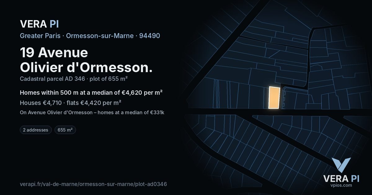 19 Avenue Olivier d'Ormesson, Ormesson-sur-Marne at night – the plot lit, the parcels around coloured by the prices near them