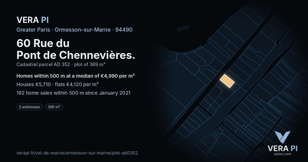 60 Rue du Pont de Chennevières, Ormesson-sur-Marne at night – the plot lit, the parcels around coloured by the prices near them