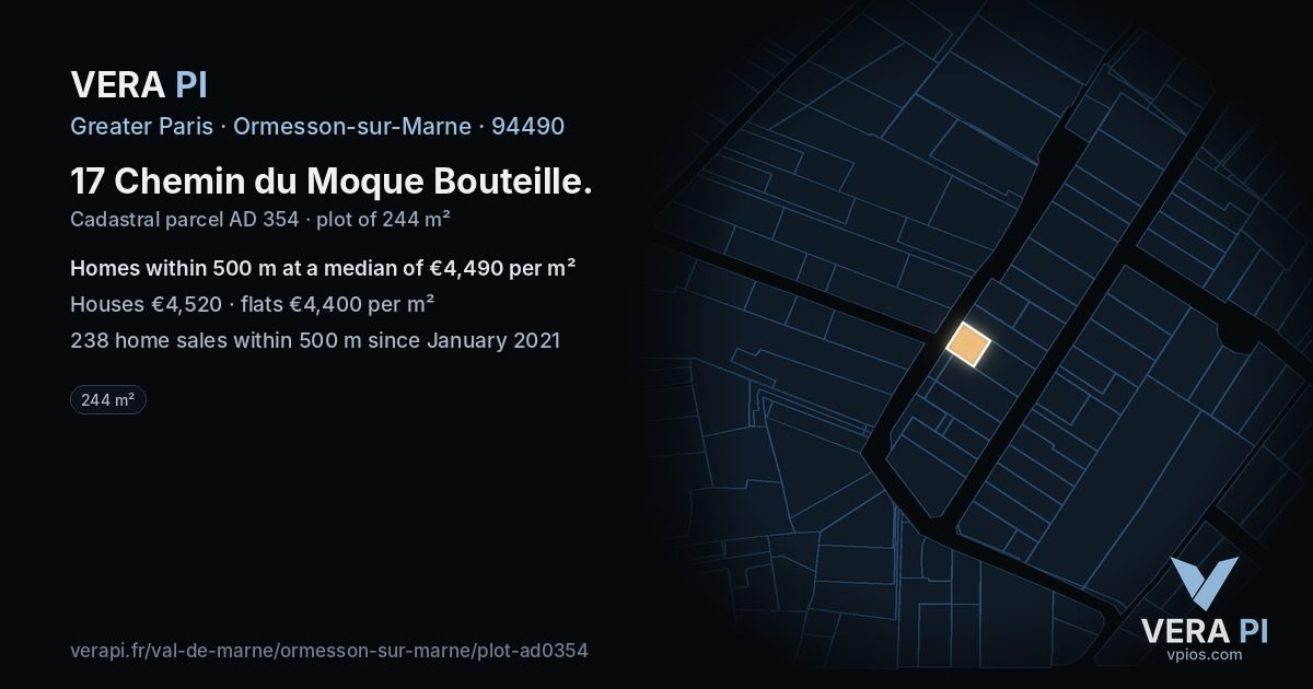 17 Chemin du Moque Bouteille, Ormesson-sur-Marne at night – the plot lit, the parcels around coloured by the prices near them