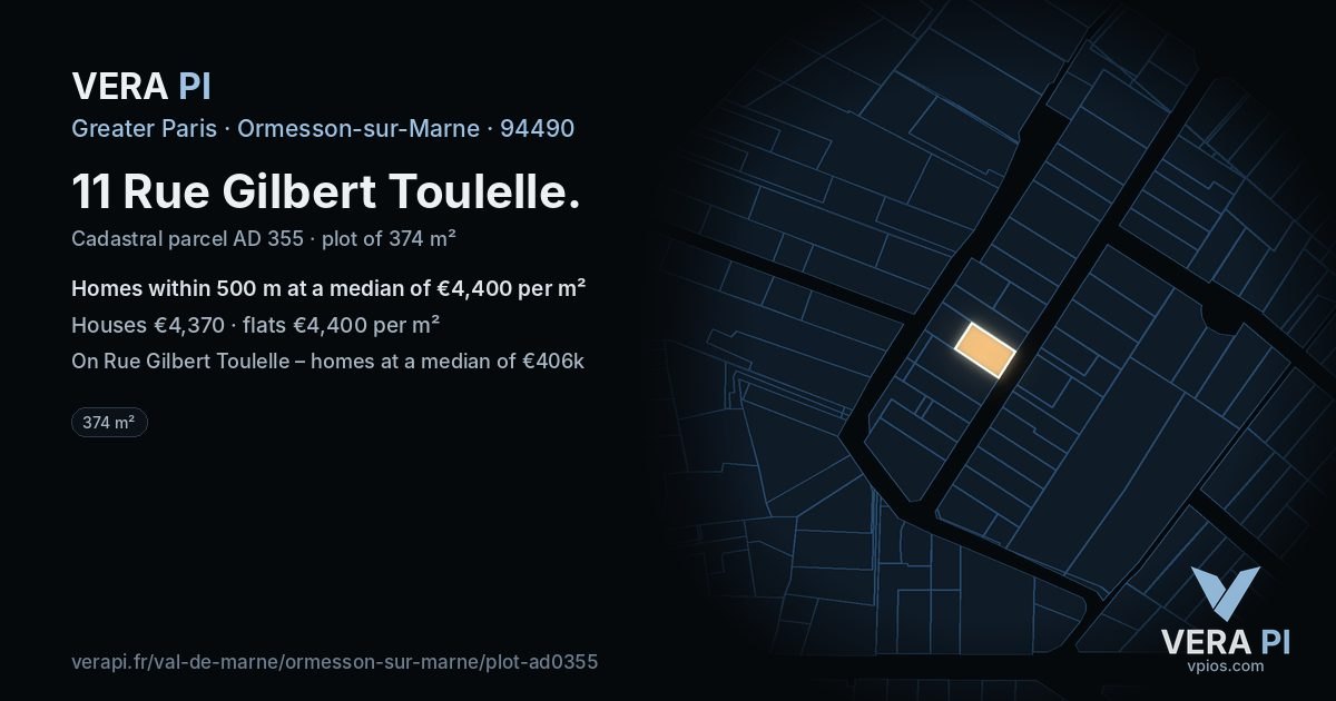 11 Rue Gilbert Toulelle, Ormesson-sur-Marne at night – the plot lit, the parcels around coloured by the prices near them