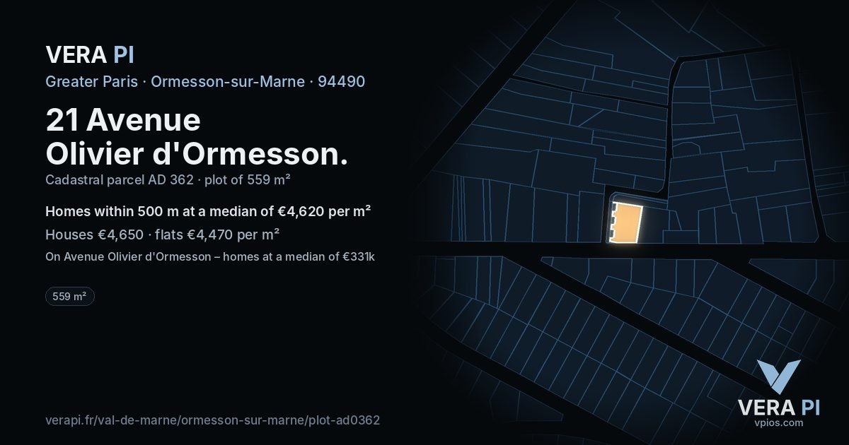 21 Avenue Olivier d'Ormesson, Ormesson-sur-Marne at night – the plot lit, the parcels around coloured by the prices near them