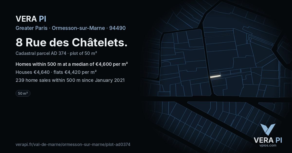 8 Rue des Châtelets, Ormesson-sur-Marne at night – the plot lit, the parcels around coloured by the prices near them