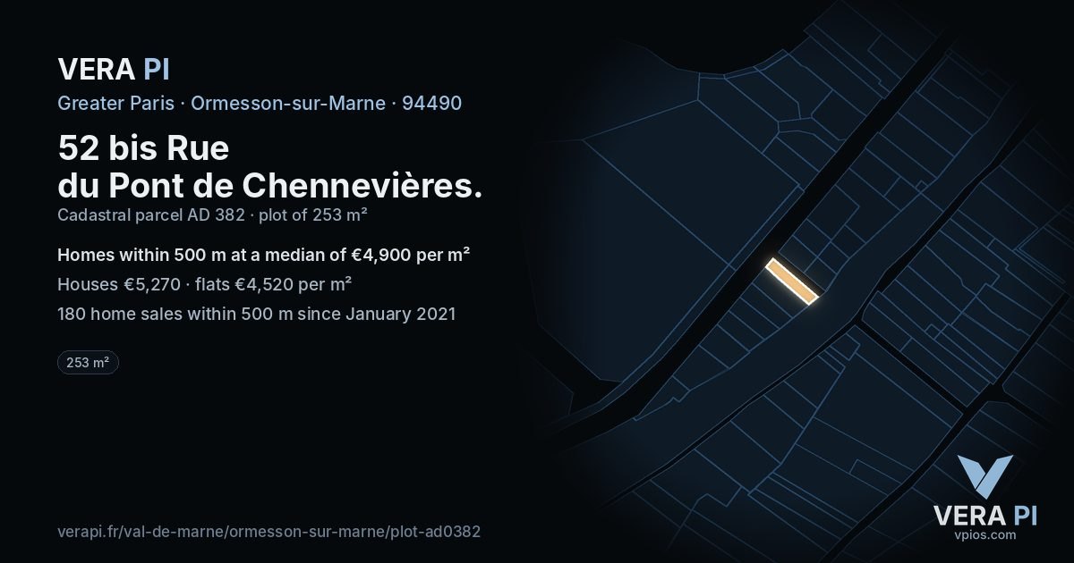 52 bis Rue du Pont de Chennevières, Ormesson-sur-Marne at night – the plot lit, the parcels around coloured by the prices near them