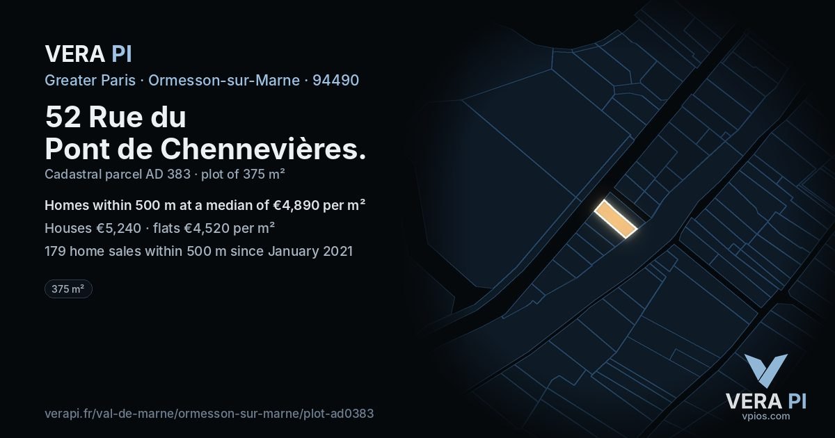 52 Rue du Pont de Chennevières, Ormesson-sur-Marne at night – the plot lit, the parcels around coloured by the prices near them