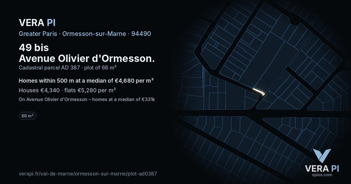 49 bis Avenue Olivier d'Ormesson, Ormesson-sur-Marne at night – the plot lit, the parcels around coloured by the prices near them